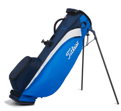 View of the Royal Navy and white Titleist Carbon 4 Stand Bag extended on to it's legs