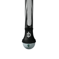 Close-up of the Center Cutt A Competition Putter Grip | White/Black by Center Cutt, featuring a crosshatch pattern and a translucent end knob with an embedded golf ball, both marked with a green logo for a unique touch.