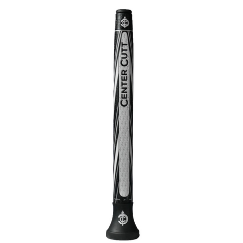 The Center Cutt A Competition Putter Grip in white/black features bold, vertical CENTER CUT lettering, diagonal lines, and a textured pattern—perfect for fans of the Center Cutt brand.