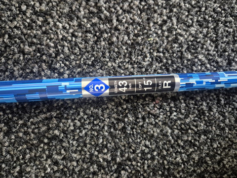 Actual used Cleveland Launcher HB left-handed 3 wood shaft label showing regular flex