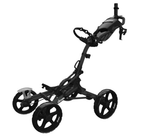 Clicgear Model 8.0+ golf trundler in black, four-wheel design with a sturdy frame, 'Clicgear' logo visible on the frame and wheels. Extended version.