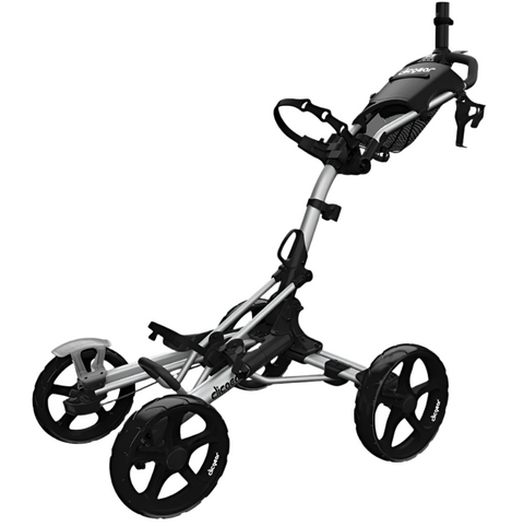 Clicgear Model 8.0+ golf trundler in silver, four-wheel design, 'Clicgear' logos visible on the frame and wheels.