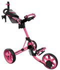 The Clicgear Model 4 Golf Trundler by Clicgear in pink features two large rear wheels, a front wheel, adjustable handle, cup holder, and a mesh storage basket under the handle.