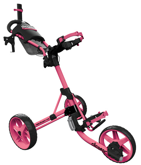 The Clicgear Model 4 Golf Trundler by Clicgear in pink features two large rear wheels, a front wheel, adjustable handle, cup holder, and a mesh storage basket under the handle.