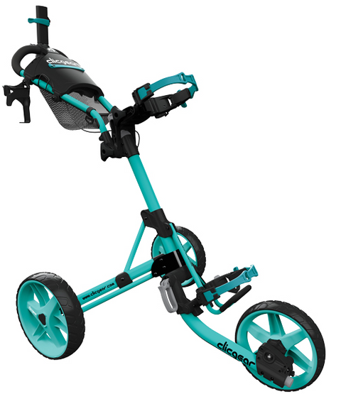 The Clicgear Model 4 Golf Trundler by Clicgear is a teal and black, three-wheeled push cart with a handle, storage compartment, and sturdy frame—ideal for carrying your golf bag on the course.