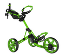 The Clicgear Model 4 Golf Trundler by Clicgear features a green and black design, three large wheels, a handle, and an accessory basket for easy transport of your golf bag and equipment around the course.