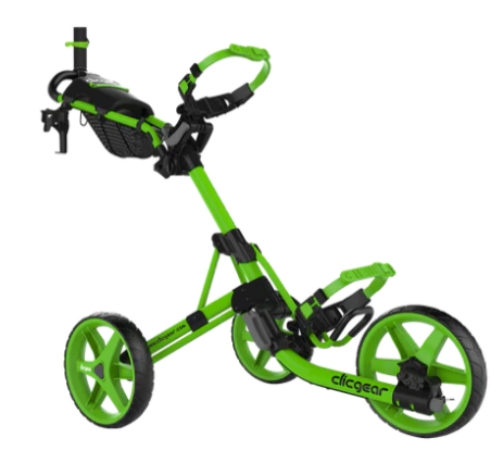 The Clicgear Model 4 Golf Trundler by Clicgear features a green and black design, three large wheels, a handle, and an accessory basket for easy transport of your golf bag and equipment around the course.