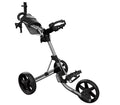 Clicgear Model 4 golf trundler in silver, side view, fully extended, with black wheels and visible 'Clicgear' logos on the frame and wheels.