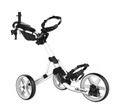 Clicgear Model 4 golf trundler in white, side view, fully extended, three-wheel design with visible 'Clicgear' logos on wheels and frame.