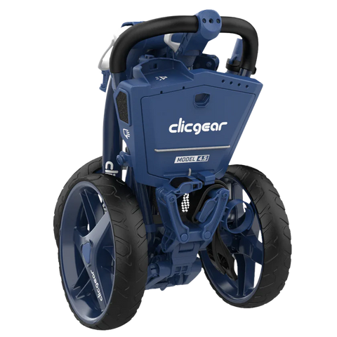 Navy Clicgear golf push cart with 'clicgear' branding on a white background