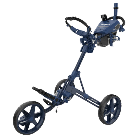 Clicgear Model 4.5 golf trunder in navy colour on display