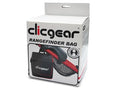 Box packaging for the Clicgear Rangefinder / Valuables Bag, a key golf cart accessory by Clicgear. The mostly white box displays black and red text, the Clicgear logo, and an image highlighting storage for your rangefinder or valuables.