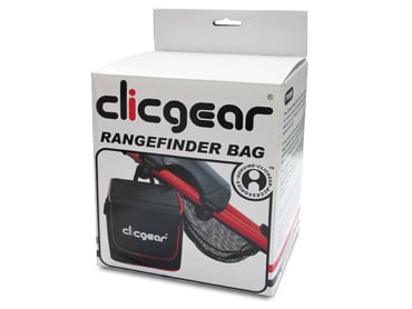 Box packaging for the Clicgear Rangefinder / Valuables Bag, a key golf cart accessory by Clicgear. The mostly white box displays black and red text, the Clicgear logo, and an image highlighting storage for your rangefinder or valuables.
