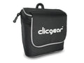 The Clicgear Rangefinder / Valuables Bag by Clicgear is a black bag with a zipper, flap, white trim, and front logo—perfect for your golf cart accessories and keeping valuables secure.