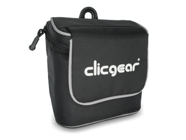 The Clicgear Rangefinder / Valuables Bag by Clicgear is a black bag with a zipper, flap, white trim, and front logo—perfect for your golf cart accessories and keeping valuables secure.
