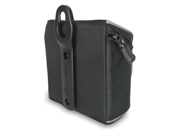 The Clicgear Rangefinder / Valuables Bag by Clicgear is a small rectangular black bag with a top zipper and side plastic mounting bracket—perfect for keeping your essentials secure on the golf course.