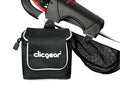 Close-up of a black Clicgear Rangefinder / Valuables Bag by Clicgear, attached to a golf push cart handle with mesh net visible—a practical addition to your golf cart accessories.