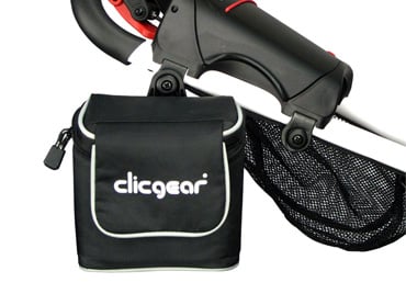 Close-up of a black Clicgear Rangefinder / Valuables Bag by Clicgear, attached to a golf push cart handle with mesh net visible—a practical addition to your golf cart accessories.