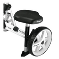 Close-up of the Clicgear Trundler Seat by Clicgear, a black and white pushcart accessory featuring a padded seat and large single wheel for added comfort.