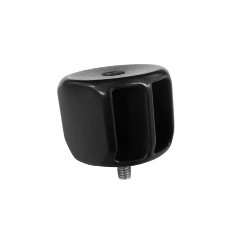 The Clicgear Umbrella Spacer, a black, square plastic knob with rounded edges and a threaded metal screw, is an ideal golf umbrella accessory from Clicgear. Shown isolated on a white background.