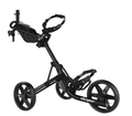 Clicgear Model 4 golf trundler in black, extended out, side view, three-wheel design with visible 'Clicgear' logos on the wheels and frame. 