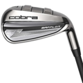A close-up of the Cobra 2025 Baffler Iron & Hybrid Set, featuring a sleek metallic head with silver finish and black accents, plus "Cobra" and "BAFFLER" branding—ideal graphite irons for forgiveness (4/5H, 6-PW + SW).