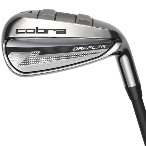 A close-up of the Cobra 2025 Baffler Iron & Hybrid Set, featuring a sleek metallic head with silver finish and black accents, plus "Cobra" and "BAFFLER" branding—ideal graphite irons for forgiveness (4/5H, 6-PW + SW).