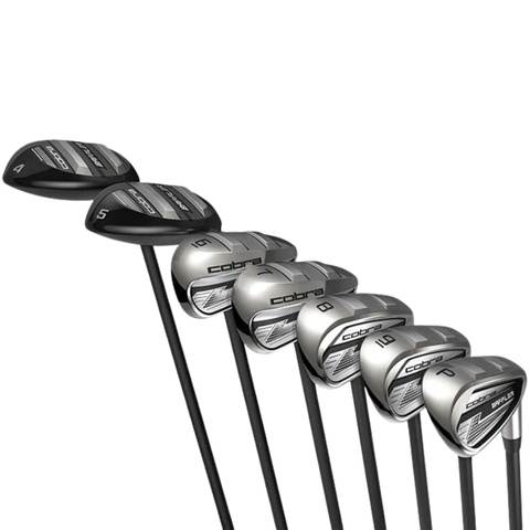 The Cobra 2025 Baffler Iron & Hybrid Set (Brand: Cobra), featuring 4/5 hybrids and 6-PW plus SW graphite clubs, is displayed in a row against a white background, showing the sleek silver and black club heads.