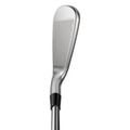 A close-up of the Cobra 2025 King Tec Irons Set by Cobra highlights its sleek metallic face with vertical grooves, showcasing premium golf club craftsmanship against a plain white background.