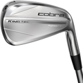 A close-up of the Cobra 2025 King Tec Irons Set by Cobra highlights its sleek, silver metallic finish and engraved branding—a striking example of precision forged golf irons.