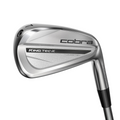 A close-up of the Cobra 2025 King Tec X Irons Set showcases the club heads branding and design—engineered by Cobra for distance and forgiveness—against a white background. Ideal for golfers looking to improve their game with advanced irons.