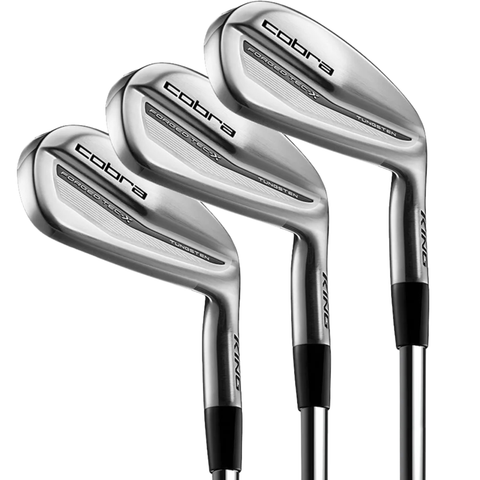 Three Cobra 2025 King Tec X Irons from Cobra are stacked diagonally, highlighting their clubheads and branding on a white background—these irons provide distance, forgiveness, and game improvement to boost your performance.