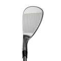 Close-up of the Cobra 2025 King Wedge golf club by Cobra, highlighting its detailed grooves and smooth, shiny MIM 8620 Carbon Steel clubface finish against a plain white background.
