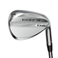 A close-up of the Cobra 2025 King Wedge golf club, made from MIM 8620 Carbon Steel, displays 56 10V in the top corner and cobra KING engraved on the club head.