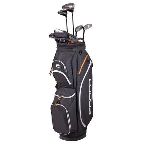 The Cobra 2025 Men's FLY XL 2025 Package Set features forgiving clubs in a black bag with white and orange accents, multiple zippered pockets, and the Cobra logo on the side.