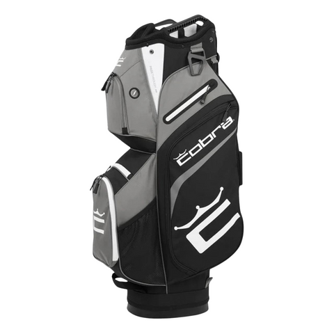 The Cobra 2025 Signature Cart Bag in Black/Grey by Cobra features multiple zippered compartments and the brand’s logo on the side—ideal for use as a trolley or golf cart bag.