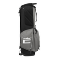 The Cobra 2025 Signature Stand Bag in Black/Grey by golf360nz features a large zippered side pocket and white Cobra logo (stylized C with crown), shown upright on a white background.