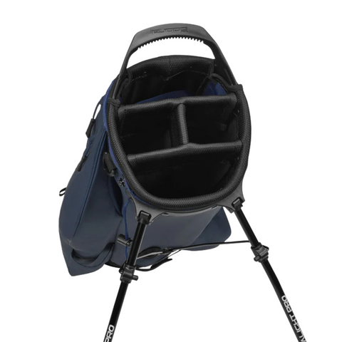 A top-down view of the lightweight Cobra 2025 Ultralite Pro Stand Bag in navy blue with black trim, featuring four padded club compartments, a sturdy handle, and two extended stand legs—ideal for golfers who walk.