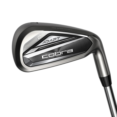A close-up of the Cobra 20256 DS-ADAPT Irons Set | 5-PW showcases its metallic clubhead with black and silver accents, highlighting the “Cobra” logo—ideal for golfers wanting forgiveness and high launch.