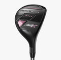 The Cobra Air-X 26° 5 Hybrid for women features a black head with pink and silver accents, the Cobra logo, and club details. Designed for lightweight performance and straighter shots, its shown against a plain white background.
