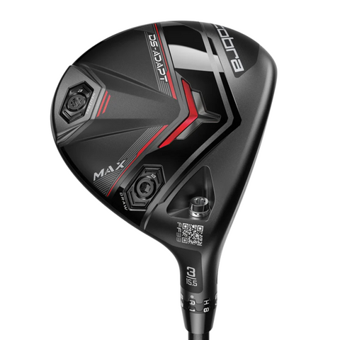 The Cobra DS-ADAPT MAX Fairway Wood by Cobra is a black club with red and silver accents, labeled MAX, DARKSPEED, and 3 15.5°. It offers adjustable weights, a QR code near the hosel, and is designed for maximum forgiveness.