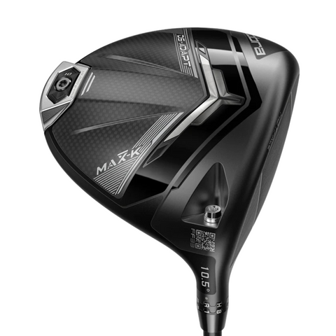 A close-up of the Cobra DS-ADAPT MAX-K Driver by Cobra, a modern black golf club with silver accents and carbon fiber pattern, labeled MAX-K and 10.5° on the head, designed for high launch and maximum forgiveness.