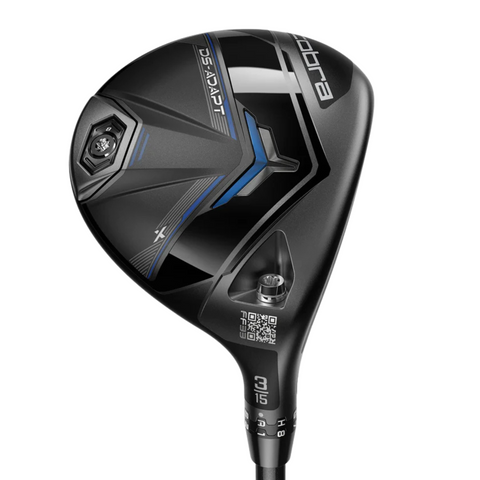A black Cobra DS-ADAPT X hybrid golf club head with blue and silver accents, adjustable weighting for easy launch, adjustment markings, and a visible QR code near the hosel.