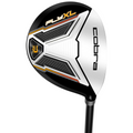 The Cobra FLY XL 2025 Mens Package Set by Cobra features a golf driver with a black, white, and silver head with the Fly XL logo in yellow and black. The forgiving club has a black shaft and the head is marked with the number 15.