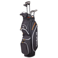 A black Cobra FLY XL 2025 Mens Package Set golf bag by Cobra, featuring orange and white accents and filled with forgiving clubs, stands upright on a white background.