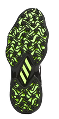 Adidas Code Chaos Boa 25 spikeless men's golf shoe in black with neon yellow accents and Boa lacing system - view of sole and grip