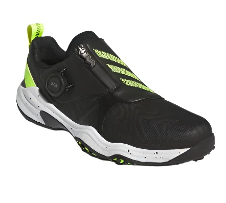 Adidas Code Chaos Boa 25 spikeless men's golf shoe in black with neon yellow accents and Boa lacing system - top side view