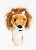 A Daphne’s Animal Golf Headcover by Daphne, featuring a plush lion head with a fluffy brown mane, black whiskers, white snout, and brown eyes. Photographed on a white background—perfect for adding fun to your golf bag!.