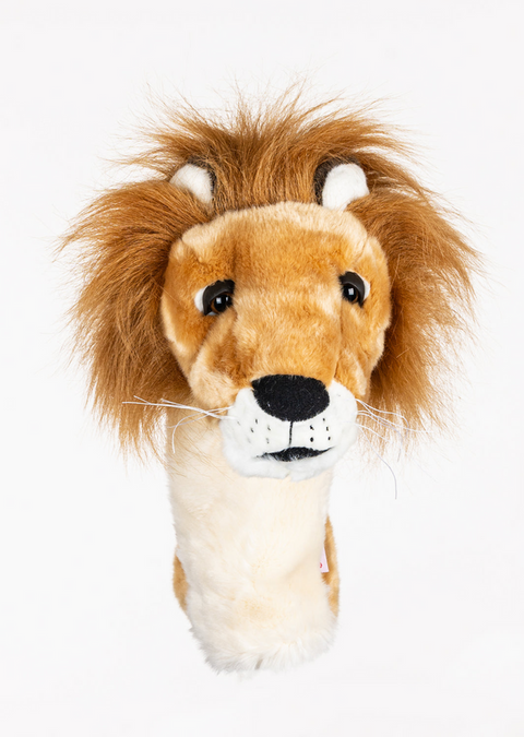 A Daphne’s Animal Golf Headcover by Daphne, featuring a plush lion head with a fluffy brown mane, black whiskers, white snout, and brown eyes. Photographed on a white background—perfect for adding fun to your golf bag!.