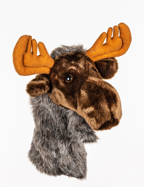 The Daphnes Animal Golf Headcovers driver headcover by Daphne features a plush moose head with soft brown fur, large orange antlers, and a furry gray neck, shown against a plain white background.